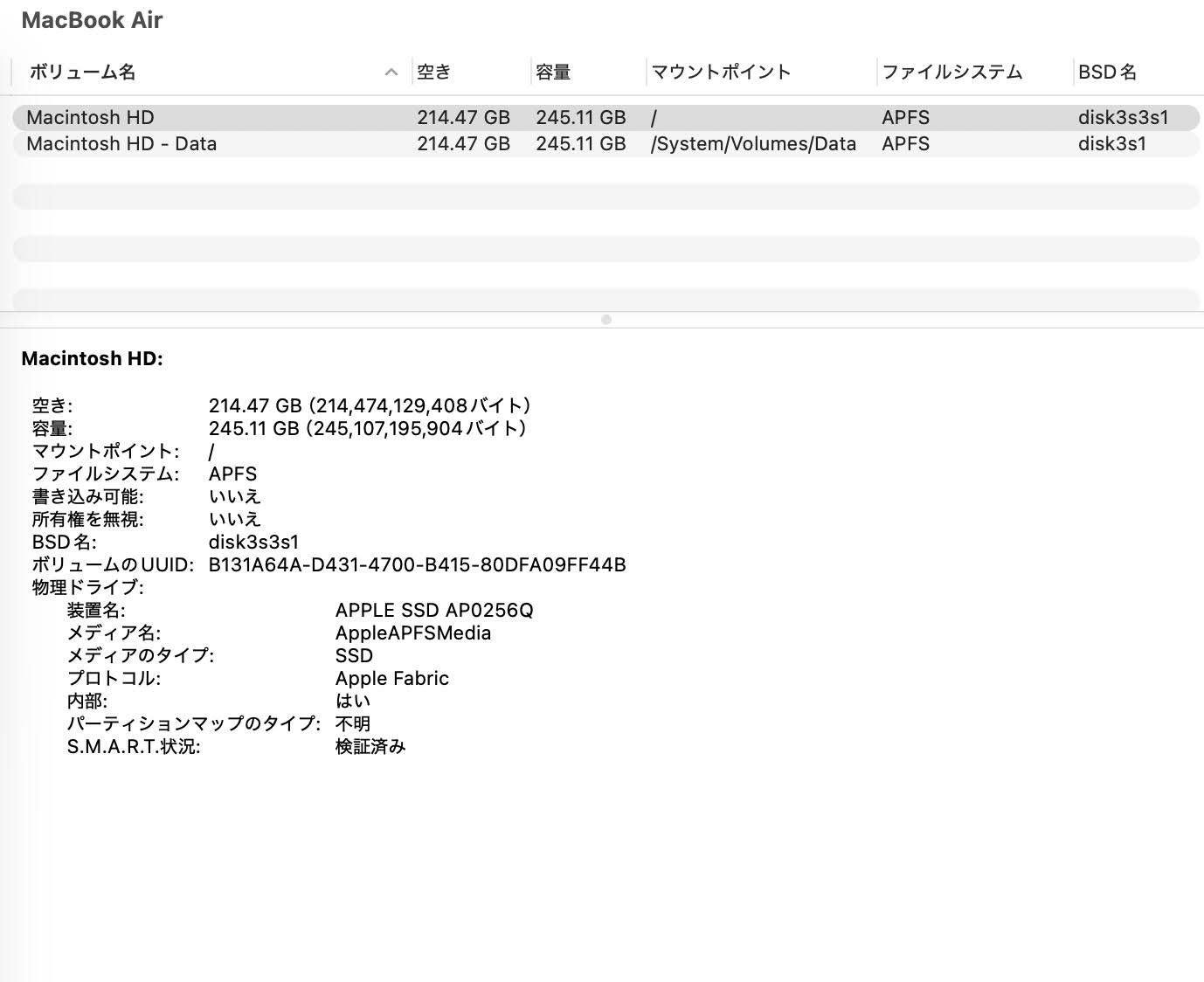 MacBook Air M1 2020 13インチ 8C CPU/7C GPU M1 8GB 256GB MGN93J/A バッテリー最大容量95％【C5252-80】