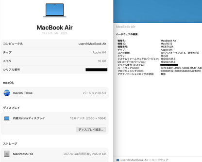 美品 Apple MacBook Air 13インチ M4 2025 16GB 256GB スカイブルー MC6T4J/A バッテリー最大容量100%【C8391-80】