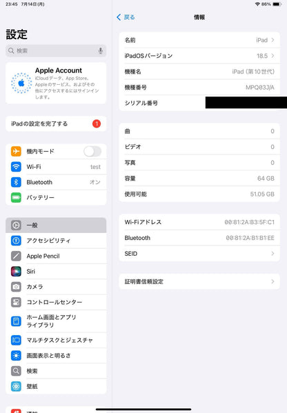 Apple iPad 第10世代 MPQ03J/A A2696 Wi-Fiモデル 64GB【C4162-60】