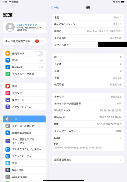 Apple MXE42J/A iPad Pro 11インチ 2世代 256GB Wi-Fi+Cellularモデル SIMフリー 【C4282-60】