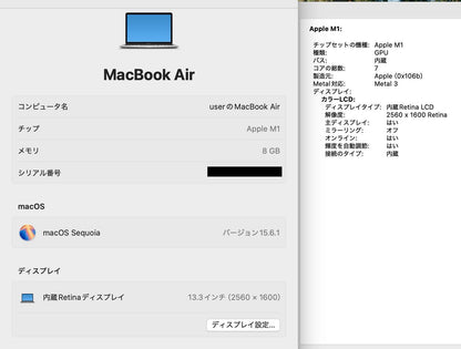 Apple MacBook Air Retina 13インチ (Late 2020) Apple M1  8GB SSD 256GB シルバー MGN93J/A  バッテリー最大容量89%  【C4563-80】