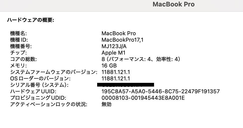 Apple MacBook Pro Touch Bar＋Touch ID 13インチ (Late 2020) M1 8コア/16GB/SSD 1TB スペースグレイ MJ123J/A C3928	80サイズ発送