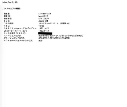 美品 新品同様 Apple MacBook Air MW123J/A M4 2025 16GB SSD 256GB 充放電回数3回 バッテリー最大容量100%【C5480-80】