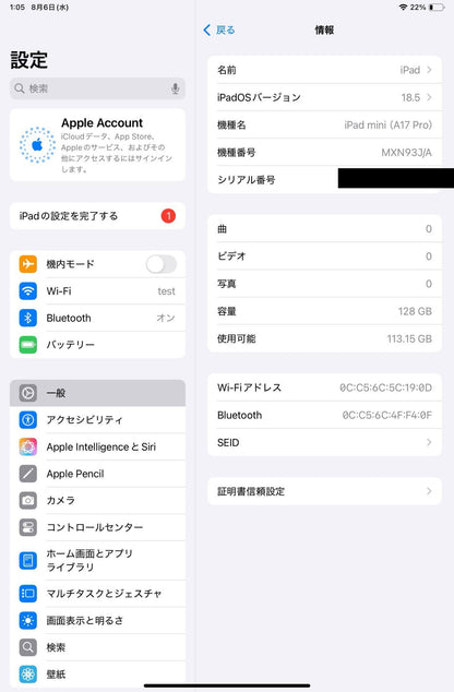 美品 バッテリー最大容量100% Apple iPad mini (A17 Pro) Wi-Fi 128GB MXN93J/A【C4339-60】