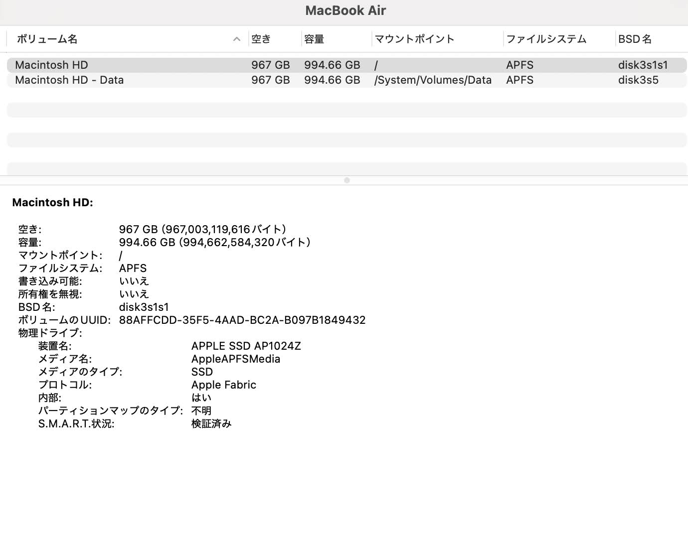 新品同様 美品 Apple MacBookAir 13インチ M3 24GB 1TB ミッドナイト バッテリー最大容量100%【C4712-80】