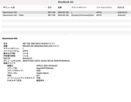 新品同様 美品 Apple MacBookAir 13インチ M3 24GB 1TB ミッドナイト バッテリー最大容量100%【C4712-80】