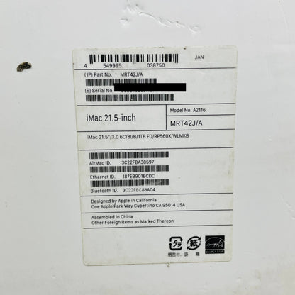 iMac Retina 4K 21.5インチ (Early 2019) Core i5 3.0GHz/8GB/FD 1TB MRT42J/A【C4318-140】