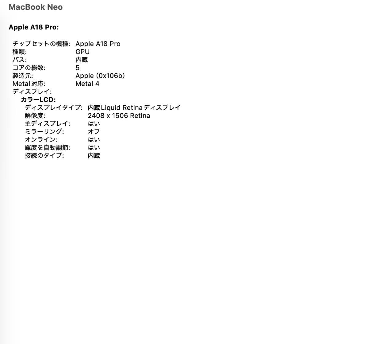 美品 新品同様 Apple MacBook Neo 13インチ Apple A18 Proチップ 6コア 8GB SSD 256GB シルバー MHFA4J/A バッテリー最大容量100%【C8700-80】