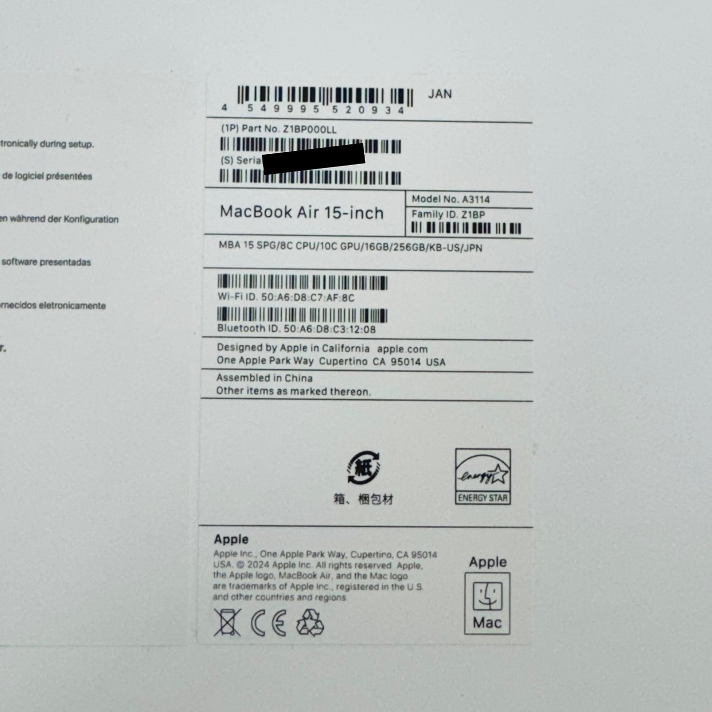 美品 Apple MacBookAir 15インチ M3 16GB 256GB USキーボード バッテリー最大容量92%【C4561-80】