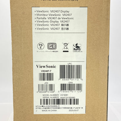 美品 ViewSonic VX2407 23.8インチ PCモニター 液晶ディスプレイ ビューソニック 電源ケーブル付属 【C5133-140】