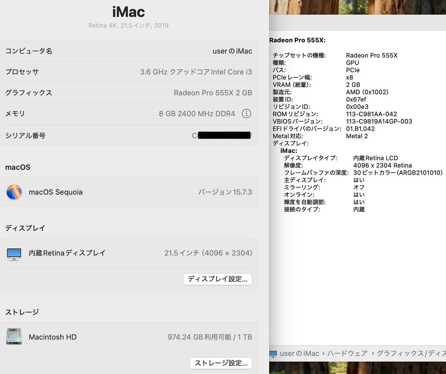 iMac (Retina 4K, 21.5-inch, 2019) 3.6GHz i3 8GB HDD1TB Radeon Pro 555X【C6094-140】