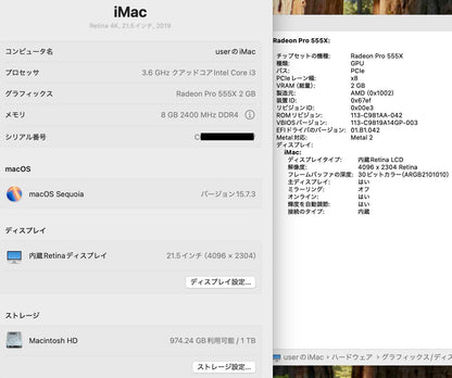 iMac (Retina 4K, 21.5-inch, 2019) 3.6GHz i3 8GB HDD1TB Radeon Pro 555X【C6094-140】