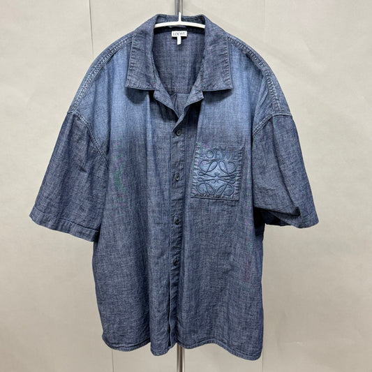 美品 LOEWE メンズ シャツ ショートスリーブ シャツ リネン ロゴコットンシャツ デニム風シャツ【C5807】