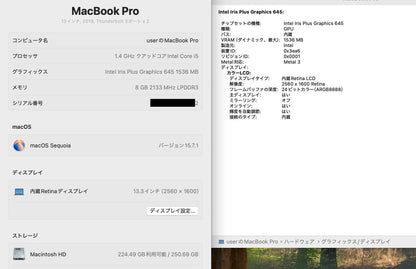 MacBook Pro 13インチ Mid 2019 i5 1.4GHz 8GB SSD 256GB シルバー MUHR2J/A 【C5199-80】