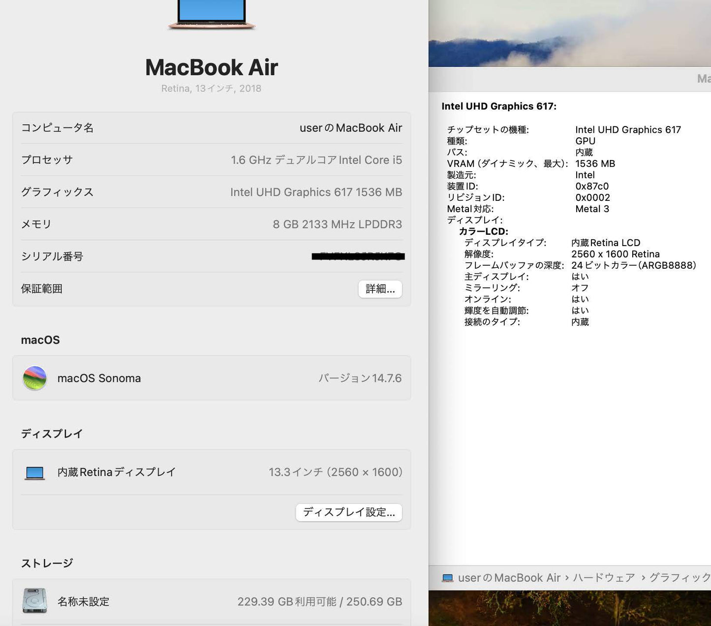 Apple MacBookAir 13インチ 2018 i5 8GB 256GB 【C4259-80】