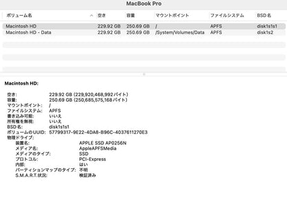 Apple MacBook Pro 13インチ 2020 MXK32J/A Core i5 1.4GHz/8GB/SSD256GB スペースグレイ 充放電回数22回 状態:正常 付属品完備【C6405-80】