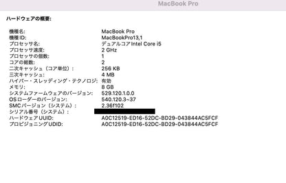 Apple MacBook Pro  13インチ 2016 Thunderbolt 3ポートx 2  Core i5 8GB 256GB 【C4335-80】