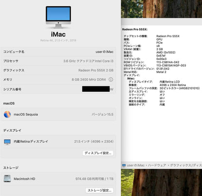 iMac Retina 4K 21.5インチ (Early 2019) Core i3 3.6GHz/8GB/1TB MRT32J/A 【C4224-140】