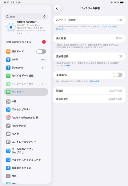 美品 SIMフリー iPad Pro 11インチ M4 Wi-Fi+Cellular 256GB MVW23J/A シルバー バッテリー最大容量100%  付属品完備 純正カバー付属【C7746-80】