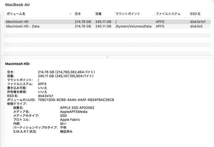 美品 Apple MacBook Air 13インチ 2022 M2 8GB 256GB シルバー MLXY3J/A バッテリー最大容量100%【C5221-80】