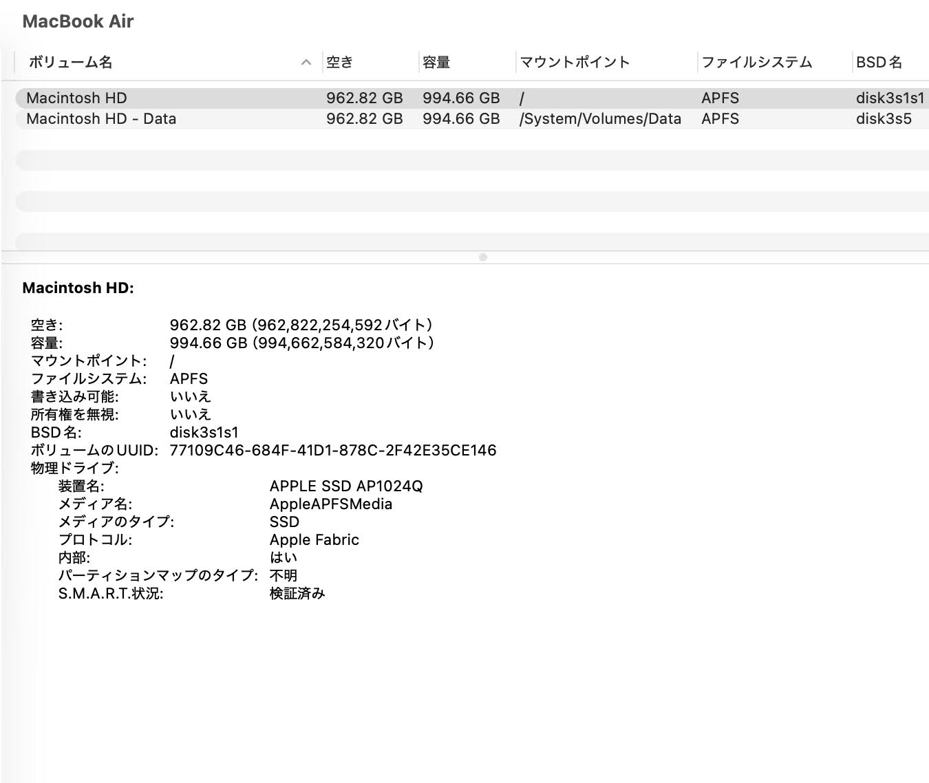 MacBook Air M1 2020 8コアCPU 7コアGPU 16GB 1TB シルバー バッテリー最大容量100%【C7436-80】