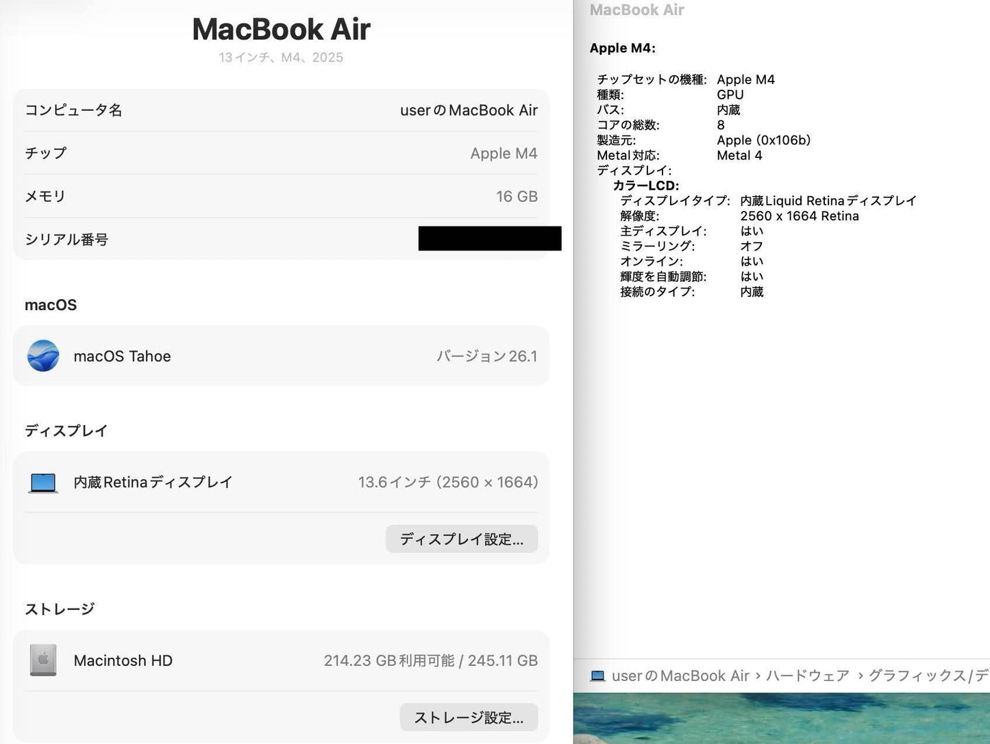 美品 新品同様 MacBook Air 13.6インチ M4チップ 16GB 512GB Liquid Retinaディスプレイ MC6U4J/A [スカイブルー] 充放電回数4回 バッテリー最大容量100%【C5446-80】限定保証有効期限：2026年4月9日