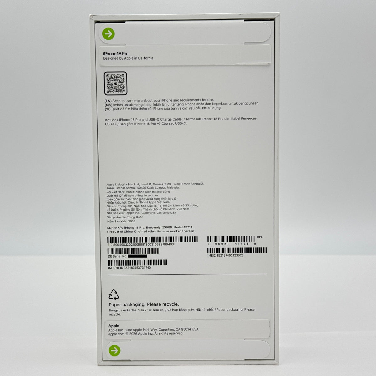 新品未開封 海外版 Apple iPhone 18 Pro 256GB MJRR4X/A バーガンディ シャッター音なし【C9568-C】