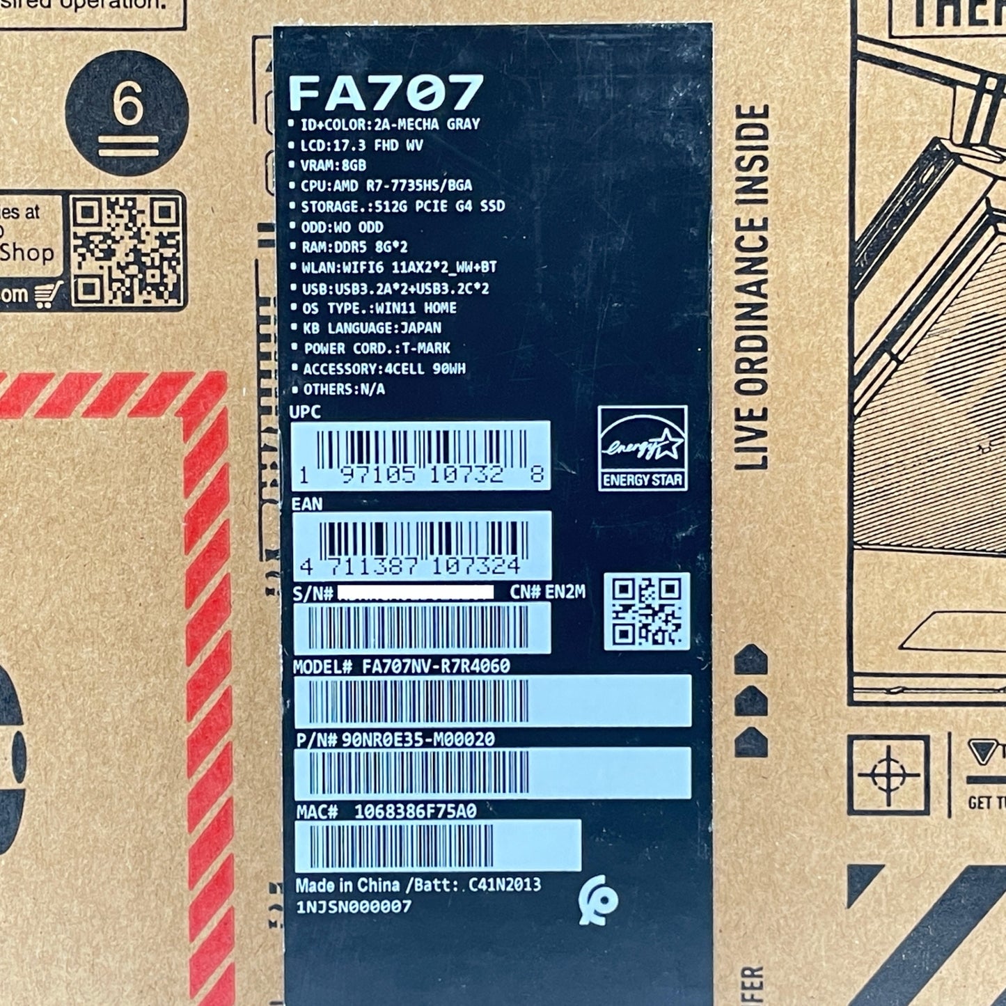 美品 ASUS TUF Gaming A17 FA707NV-R7R4060 17インチ AMD Ryzen 7 7735HS 16GB RTX 4060 Windows11Home バッテリー最大容量92%【C7829-120】