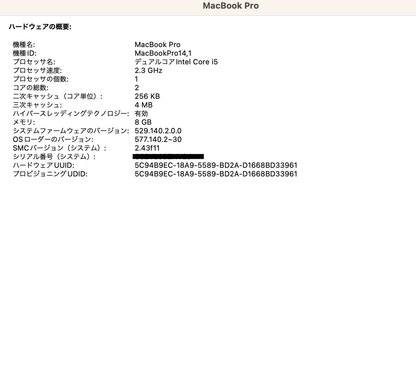 Apple MacBook Pro 13インチ 2017 Two Thunderbolt 3 ports 2.3GHz デュアルコア i5 8GB 512GB【C4291-80】