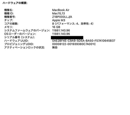 美品 Apple MacBookAir 15インチ M3 16GB 256GB USキーボード バッテリー最大容量92%【C4561-80】