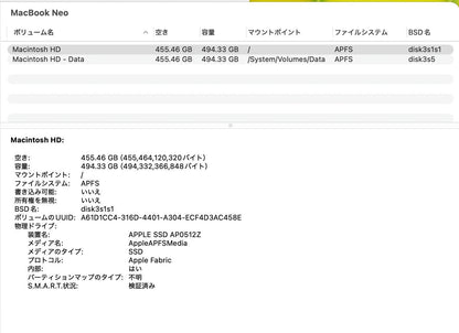 美品 Apple MacBook NEO MHFE4J/A 13インチ 8GB 512GB シトラス バッテリー最大容量100%【C9269-80】