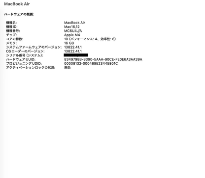 美品 新品同様 MacBook Air 13.6インチ M4チップ 16GB 512GBストレージ Liquid Retinaディスプレイ MC6U4J/A スカイブルー バッテリー最大容量100% 【C5457-80】限定保証有効期限：2026年7月16日