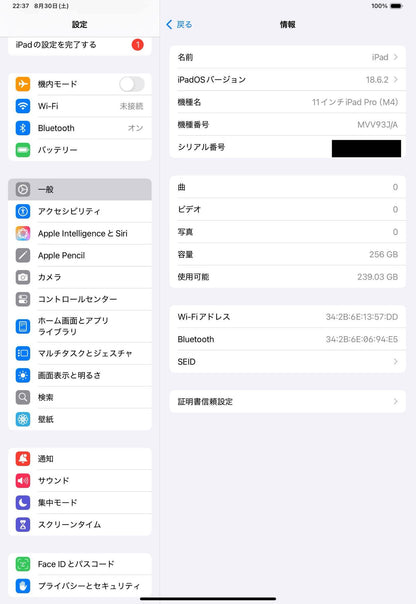 Apple iPad Pro M4 11インチ Wi-Fi 256GB スペースブラック MVV83J/A バッテリー最大容量97%【C4653-60】