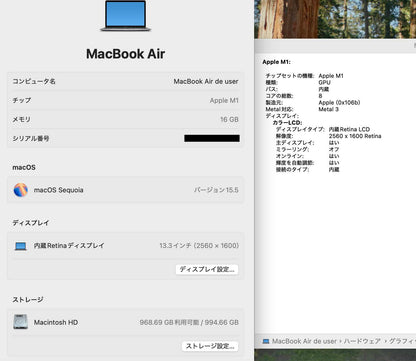 ジャンク Apple MacBook Air M1 2020 8C CPU/8C GPU 16GB 1TB   箱、充電器付属 【C4182-80】