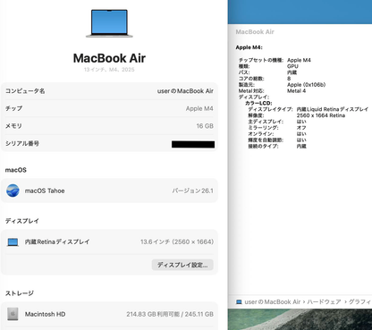 美品 Apple MacBook Air 13インチ M4 2025 MW0Y3J/A 16GB SSD 256GB スターライト 充放電回数5回 バッテリー最大容量100% 【C5517-80】