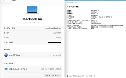 美品 MacBook Air M4 13インチ 16GB  256GB スターライト MW0Y3J/A スターライト バッテリー最大容量100% 【C8797-80】