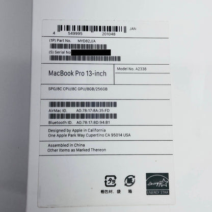 バッテリー最大容量89% Apple MacBook Pro 13インチ M1 8C 2020 8GB 256GB MYD82J/A C3878 80サイズ発送