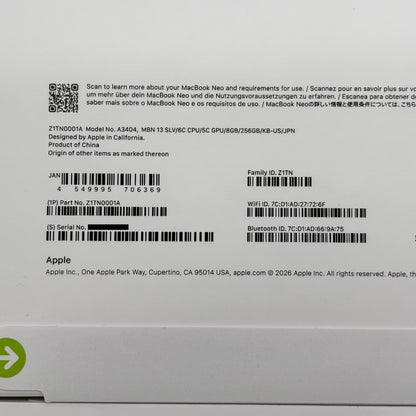 新品未開封 MacBook Neo 13インチ A18 Pro 8GB 256GB シルバー US配列 【C9005-80】