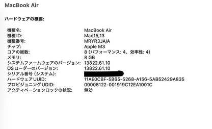 新品同様 美品　US配列 Apple MacBook Air M3  2024 15インチ 8GB 256GB スターライト MRYR3JA/A バッテリー最大容量100%【C5666-80】