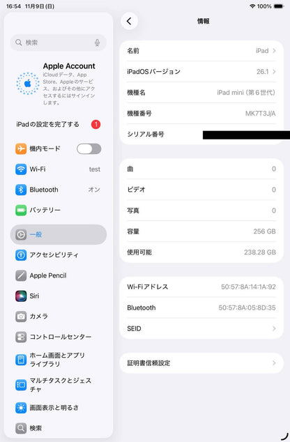 美品 Apple iPad mini 第6世代 256GB スペースグレイ Wi-Fiモデル MK7T3J/A A2567  バッテリー最大容量82% 【C5342-C】