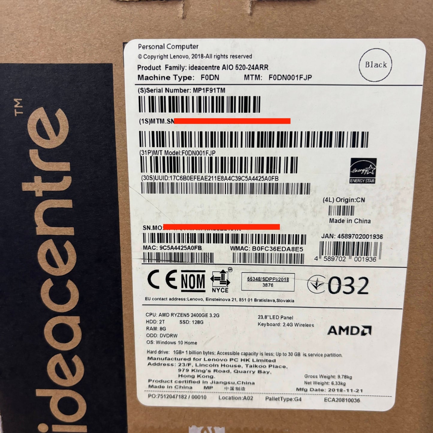 Lenovo ideacentre AIO 520-24ARR F0DN001FJP Ryzen 5 2400GE 8GB SSD 128GB HDD 2TB Windows10Home【C6134-140】