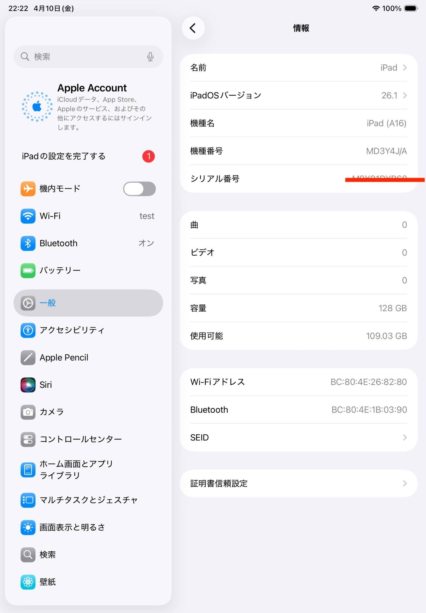新品同様 美品 iPad11 10.9インチ Wi-Fi 128GB MD3Y4J/A シルバー バッテリー最大容量100%【C7206-60】