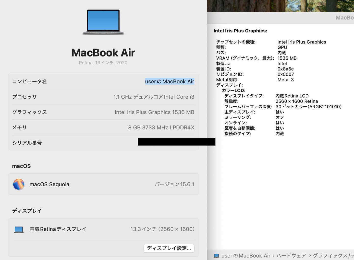 Apple MacBookAir 2020 13インチ Core i3  8GB 256GB 【C4565-80】