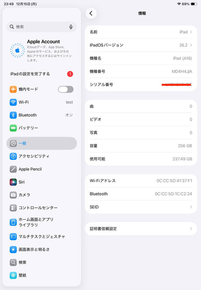 美品 Apple iPad A16 第11世代 Wi-Fiモデル 256GB MD4H4J/A 充放電回数11回 バッテリー最大容量100%【C5663-60】