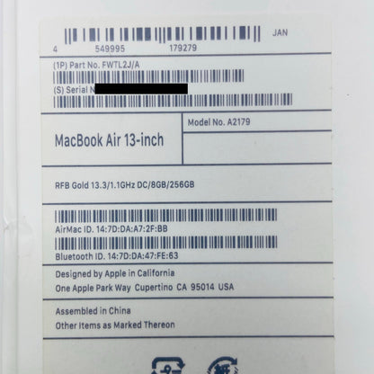 Apple MacBook Air Retina 2020 FWTL2J/A Core i3 8GB SSD 256GB【C4152-80】