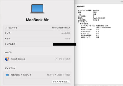 Apple MacBook Air 2020 M1 8GB 256GB MGN63J/A【C4589-80】