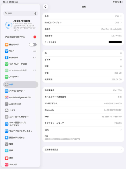 美品 Apple iPad Pro 13インチ M5 Wi-Fi + Cellular 256GB ME7W4J/A スペースグライ スタンダードグラス バッテリー最大容量100%【C8532-80】
