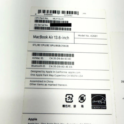 MacBook Air Liquid Retina 13.6インチ (Mid 2022) Apple M2 8コア/8GB/SSD 256GB スターライト MLY13J/A バッテリー最大容量93%【C5294-80】