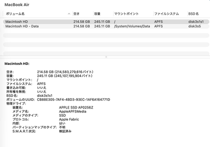 Apple MacBook Air 15インチ 2025 M4 16GB 256GB MW1L3J/A ミッドナイト バッテリー最大容量100%　【C5046-80】