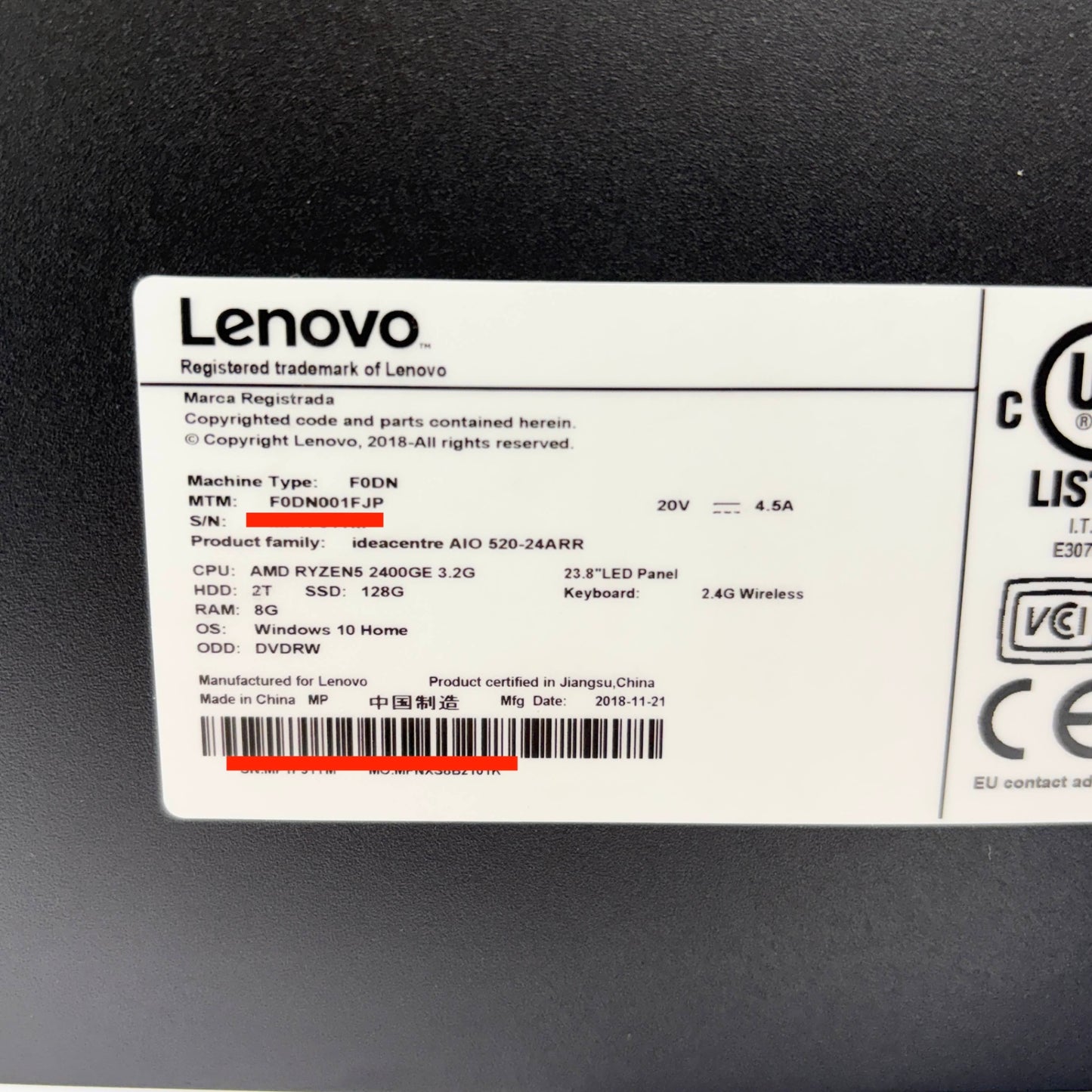 Lenovo ideacentre AIO 520-24ARR F0DN001FJP Ryzen 5 2400GE 8GB SSD 128GB HDD 2TB Windows10Home【C6134-140】